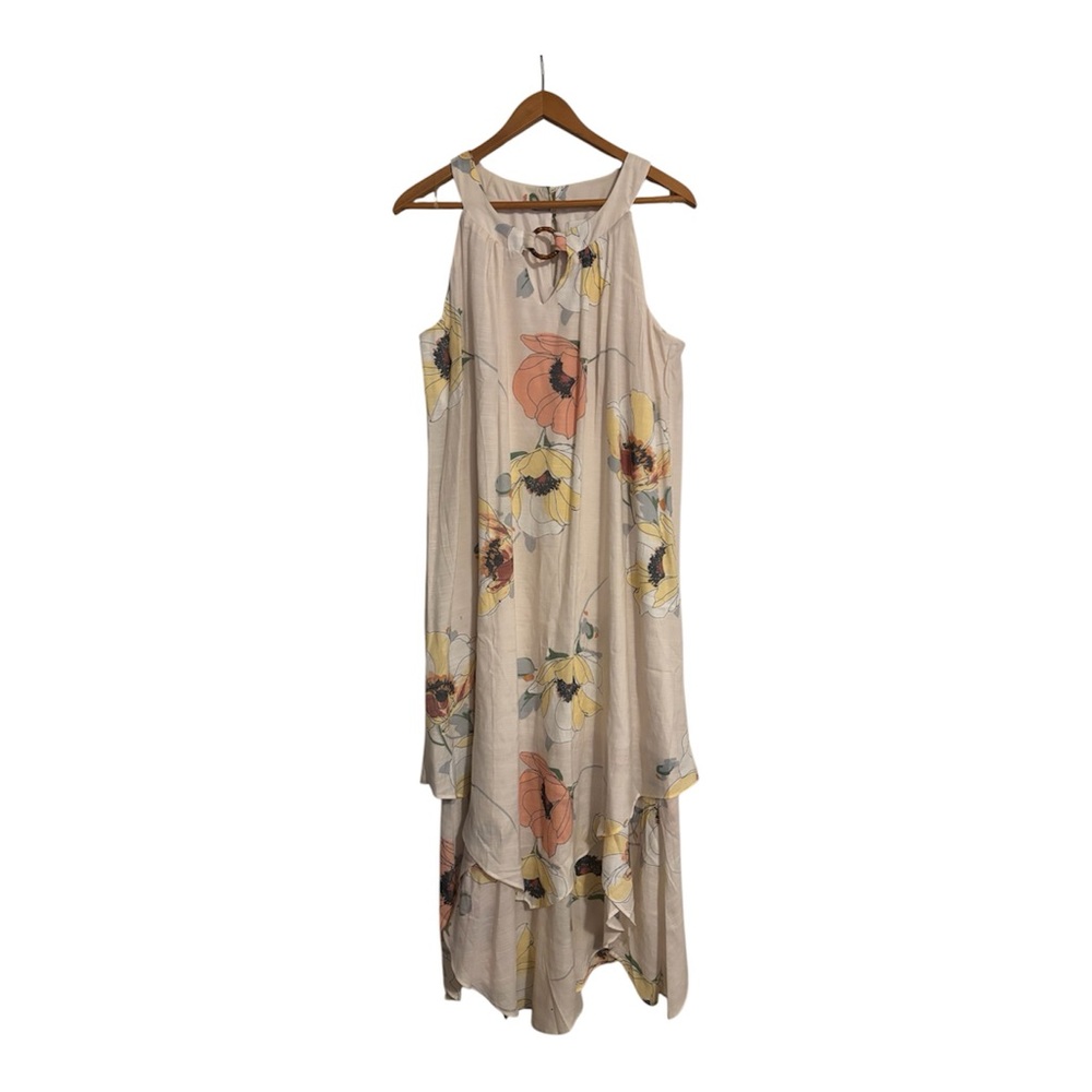 Luxology Beige Floral High-Low Dress with Coral & Yellow Blooms